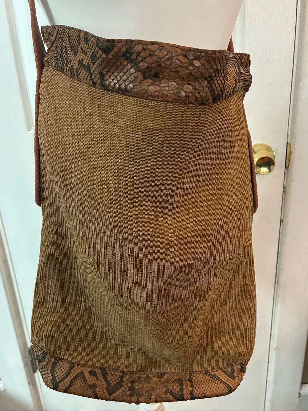Vintage Bottega Veneta Brown Woven Fabric Crossbody Bag Python Snakeskin Trim